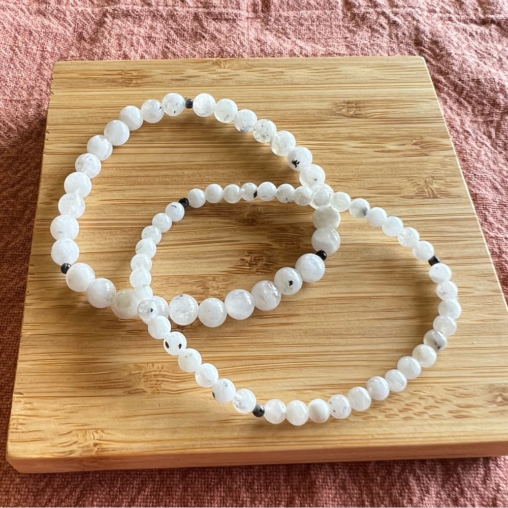 Set of 2 moonstone bracelets with obsidian natural gemstone positive energy